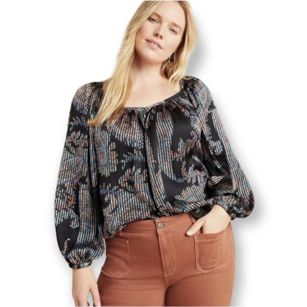 Anthropologie MAEVE Madiera Top Paisley Striped Burnout Satin Blouse Size Small